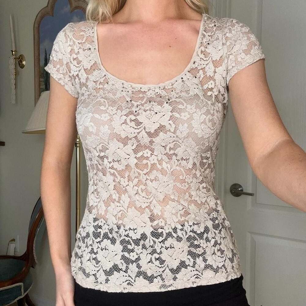 White House Black Market Rhinestone Embellished Lace Scoop Neck Top
